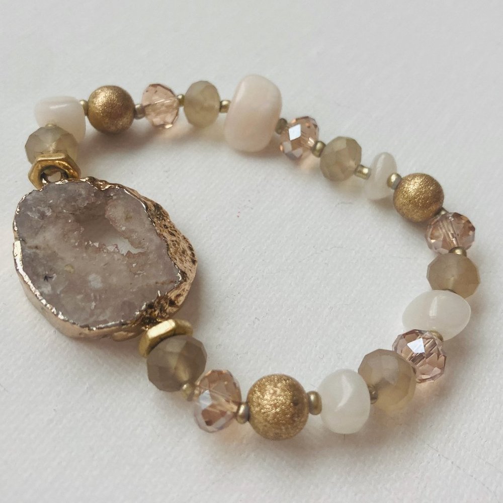 Geode Beaded Stretchy Bracelet -Gold, white, and pink